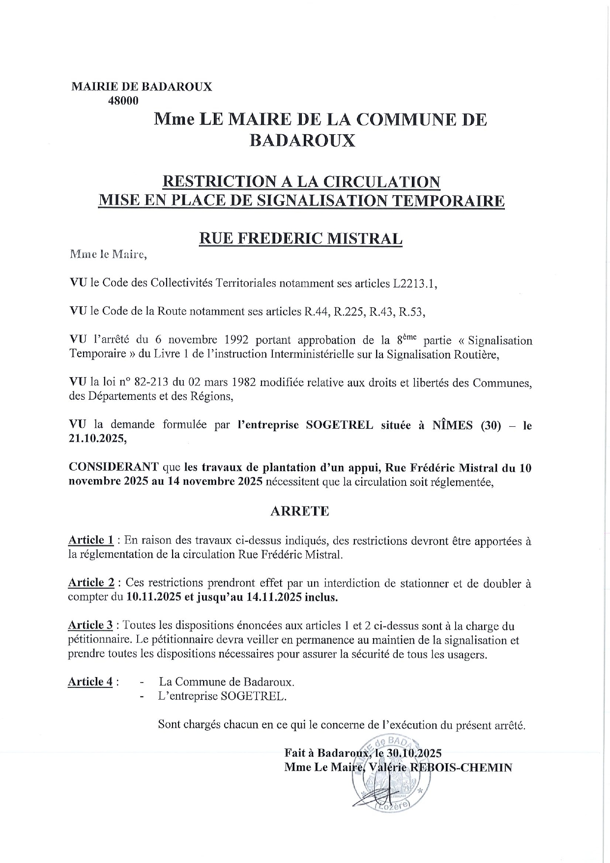 Arrêté restriction circulation Rue Frédéric Mistral 30.10.25_page-0001